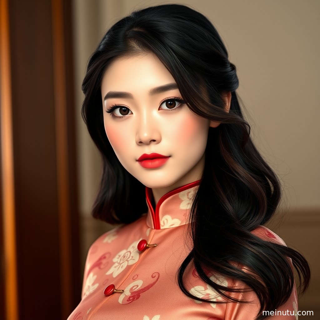 改良旗袍裙写真中，成年女子倚坐于柔光场景展现东方雅致。