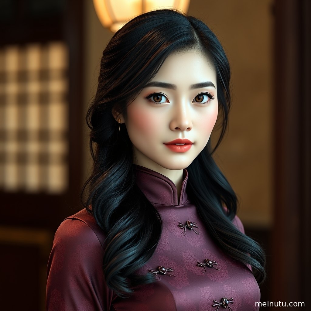 俯拍视角呈现旗袍侧开衩线条与黄昏灰调背景。