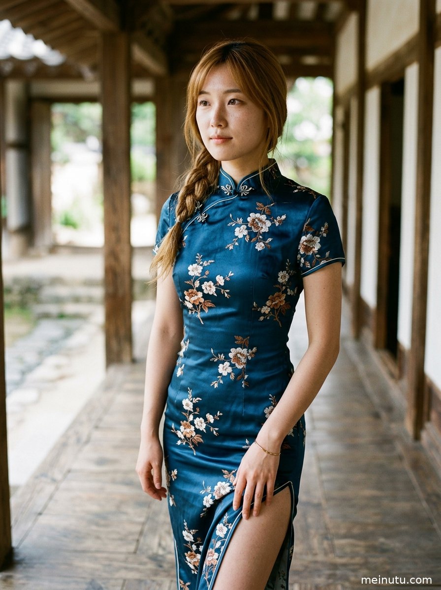 年轻成年女性穿改良旗袍上衣站在复古走廊中，自然光勾勒半身旗袍写真氛围