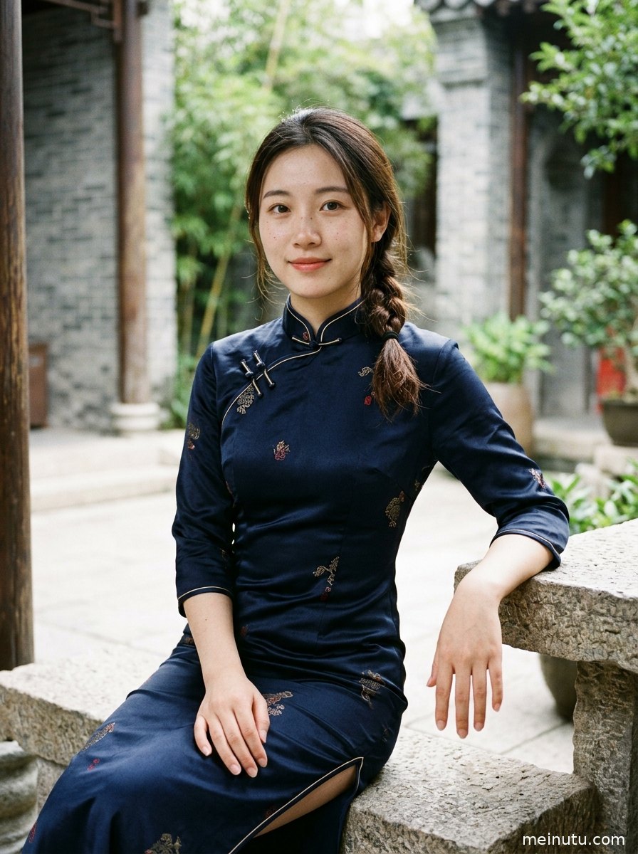 改良旗袍上衣半身构图特写，盘扣与立领细节在柔和自然光下清晰呈现