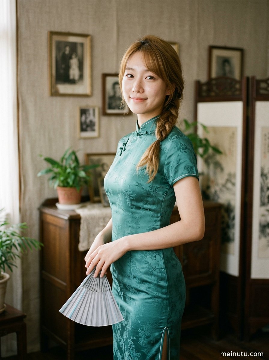 复古走廊里的旗袍美女图片，年轻成年女性侧身回望展现温柔东方气质