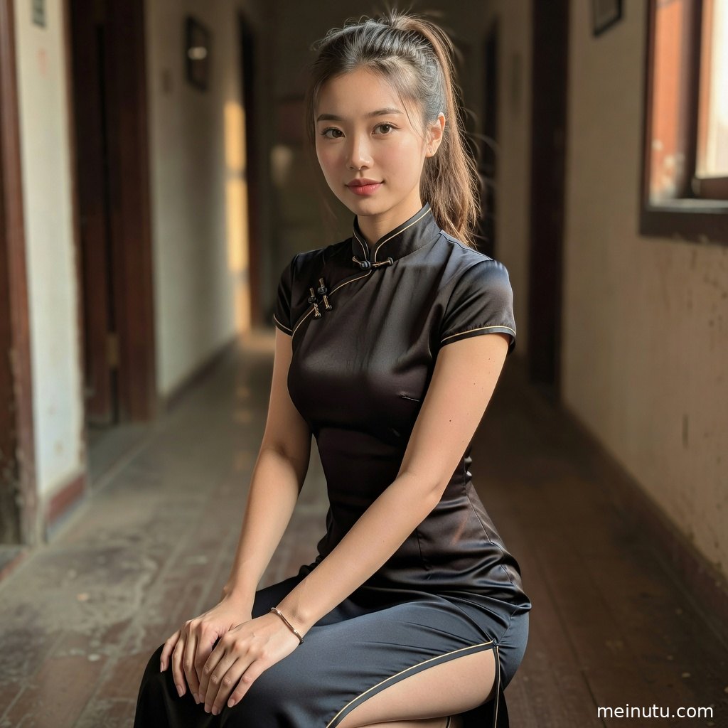 女性以全身构图呈现旗袍造型，画面突出服饰轮廓与整体氛围。