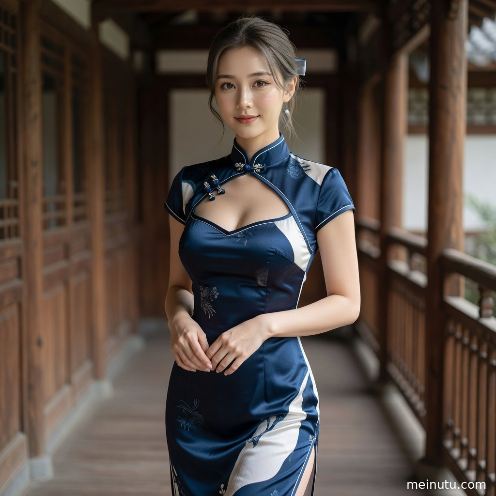 成年女性身着民国风旗袍靠近花丛，柔和日光突出清透肤色与精致妆容。