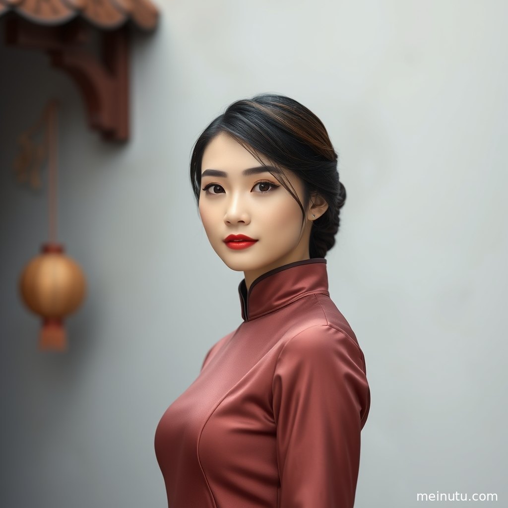 年轻成年女性穿修身旗袍坐在窗旁，杭州风韵与民国旗袍美感融合。