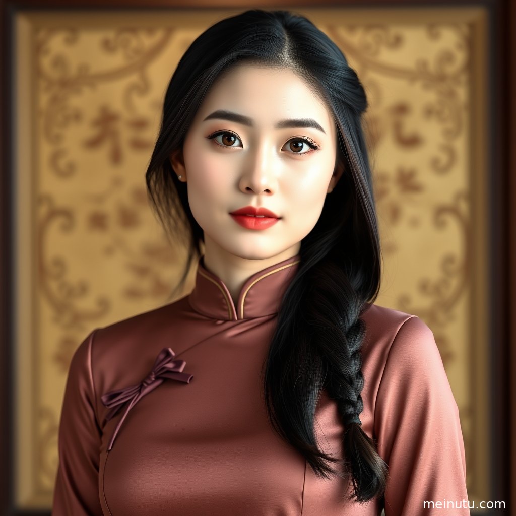 窗边自然光下的旗袍写真，三分法构图突出年轻成年女性的优雅站姿。