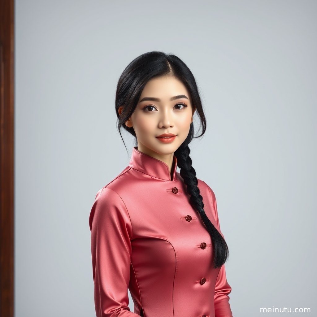 杭州丝绸旗袍图集中，成年女性坐于窗前，浅色背景营造安静复古氛围。