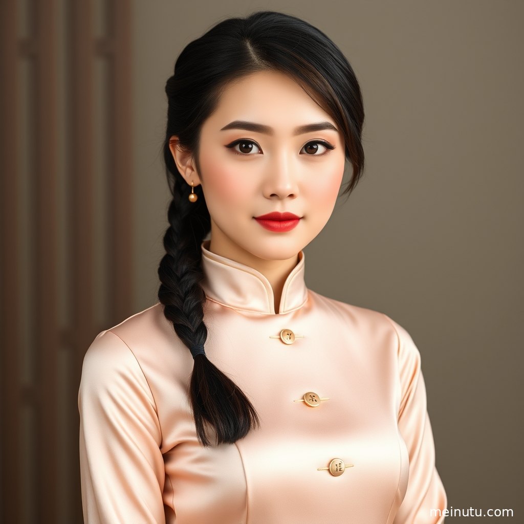 真丝旗袍与木窗光影相映，年轻成年女性展现温柔含蓄的东方人像美感。