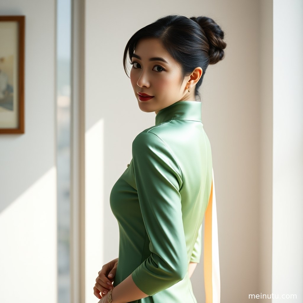 Adult woman leaning beside a window in a black cheongsam dress, with subtle silk highlights creating a mature cinematic mood.