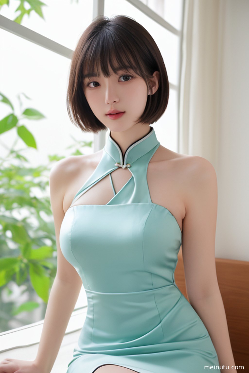 Detailed view of the qipao collar, sleeve, and fabric texture against a softly blurred window background.