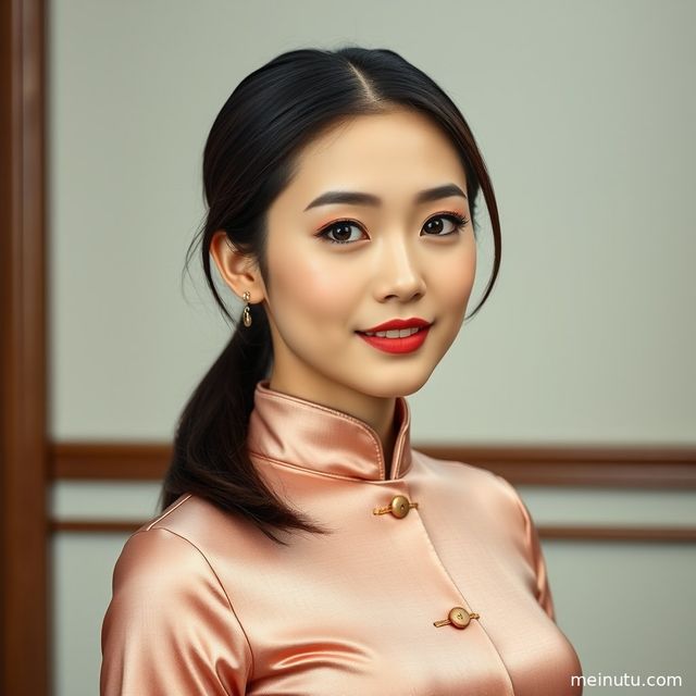 黑色旗袍寓意写真：亚洲旗袍美女花园暖色侧光全身图集
