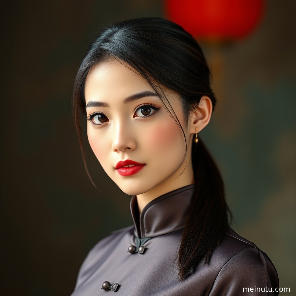 黑色旗袍美女在花丛旁回眸，侧面光影突出东方优雅气质。