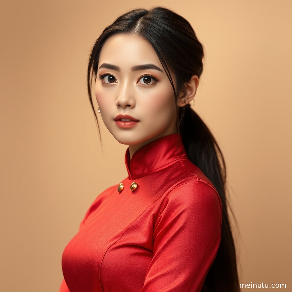 年轻成年女性身着黑色旗袍倚靠庭院绿植，画面氛围温柔复古。