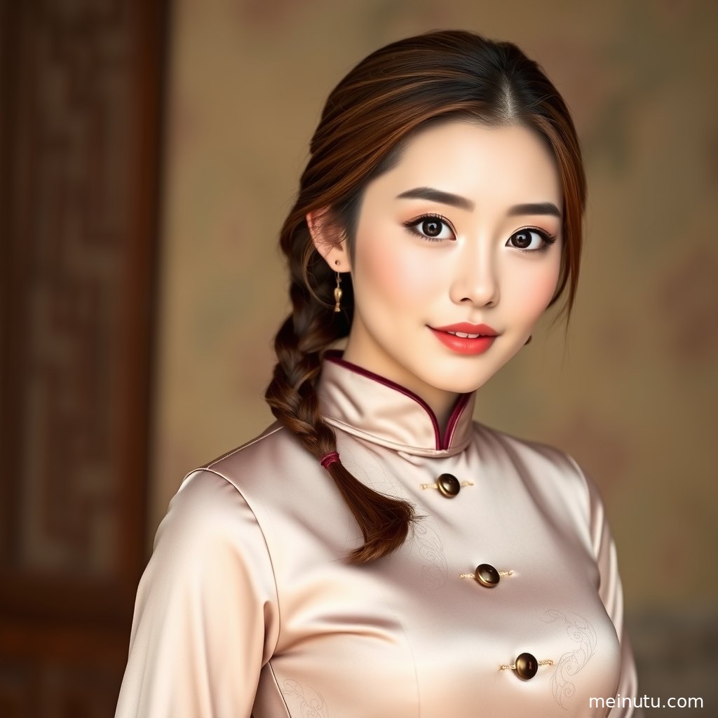 年轻成年女性在木质庭院背景前回眸，黑色旗袍开衩线条与暖色阴影自然融合。