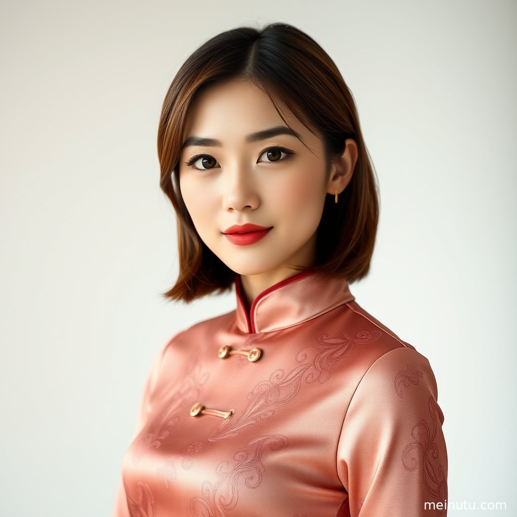 红色旗袍美女在室内柔光中侧身站立，绸缎质感与盘扣细节清晰可见。