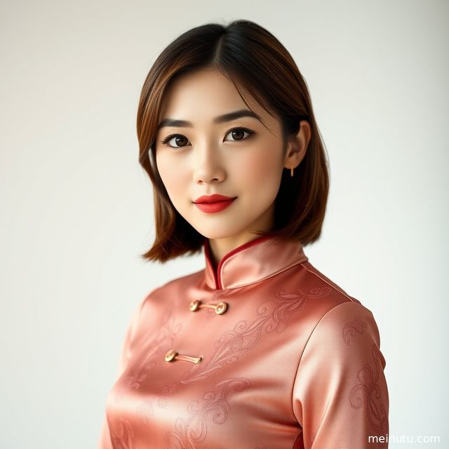 红色旗袍美女写真｜室内柔光下的asian women旗袍美女图片