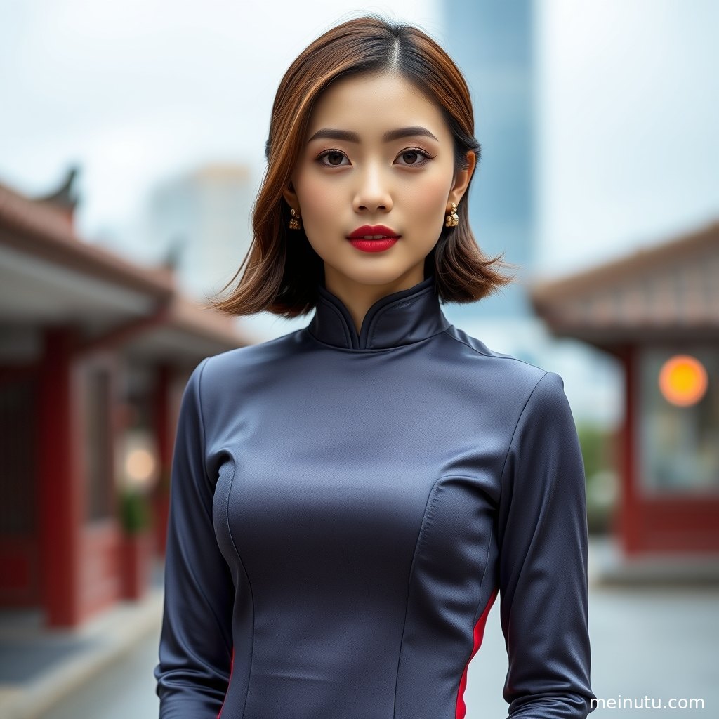 年轻成年女性穿红色旗袍倚在窗边，阴天漫射光营造温柔雅致氛围。