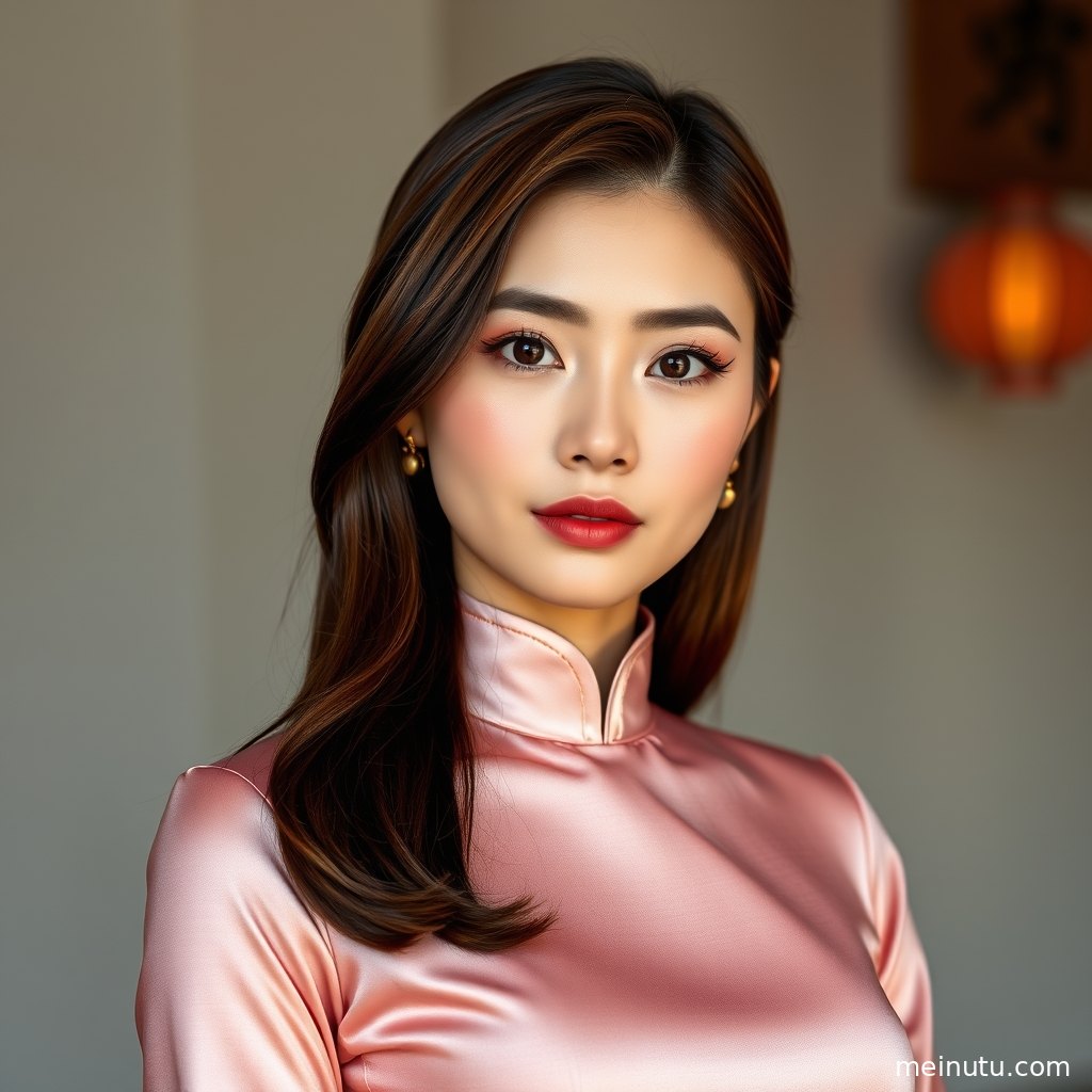 红色旗袍美女近景人像展现领口、盘扣和精致妆容，画面细腻高清。
