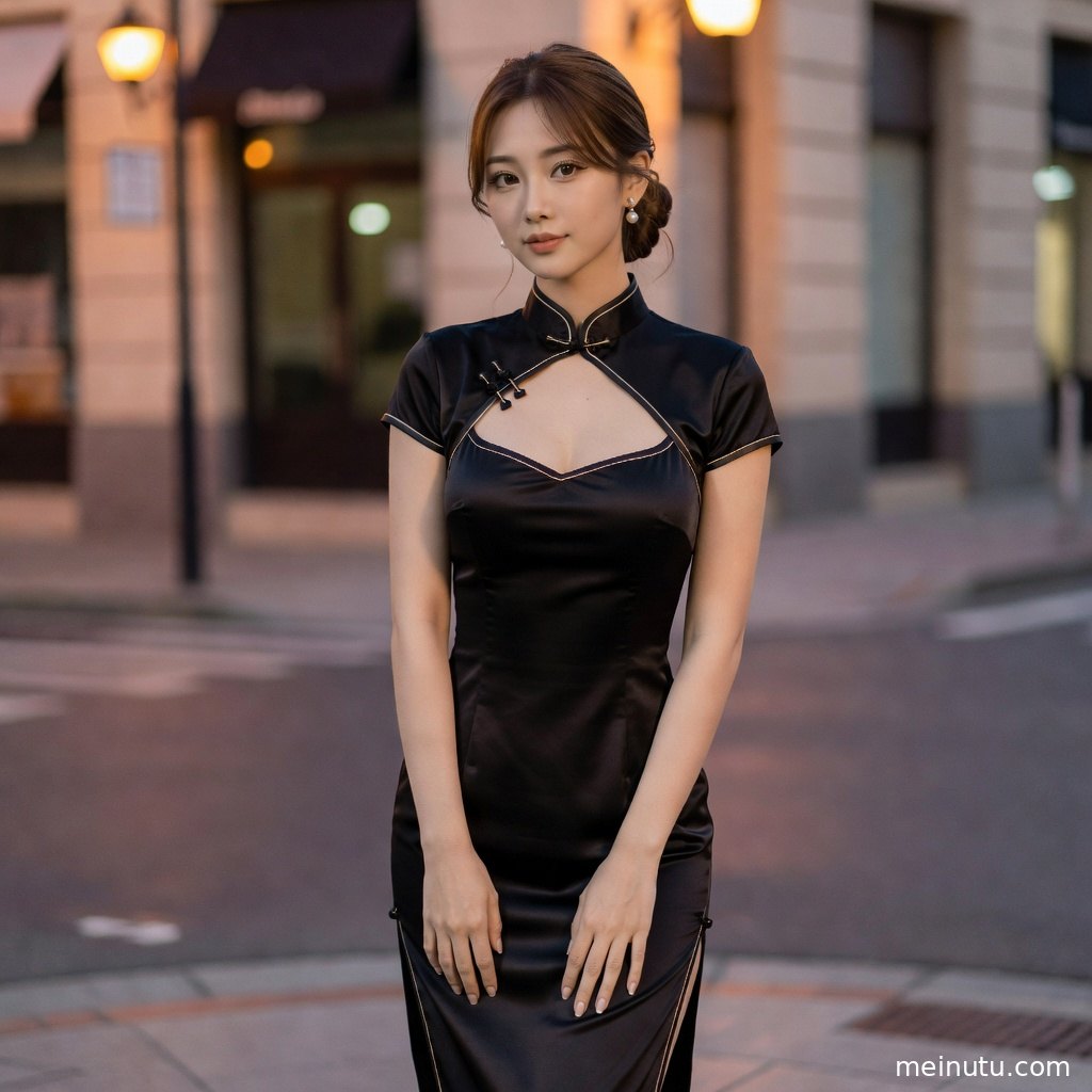 自然光勾勒年轻成年女性侧身轮廓，突出红色旗袍裙质感。