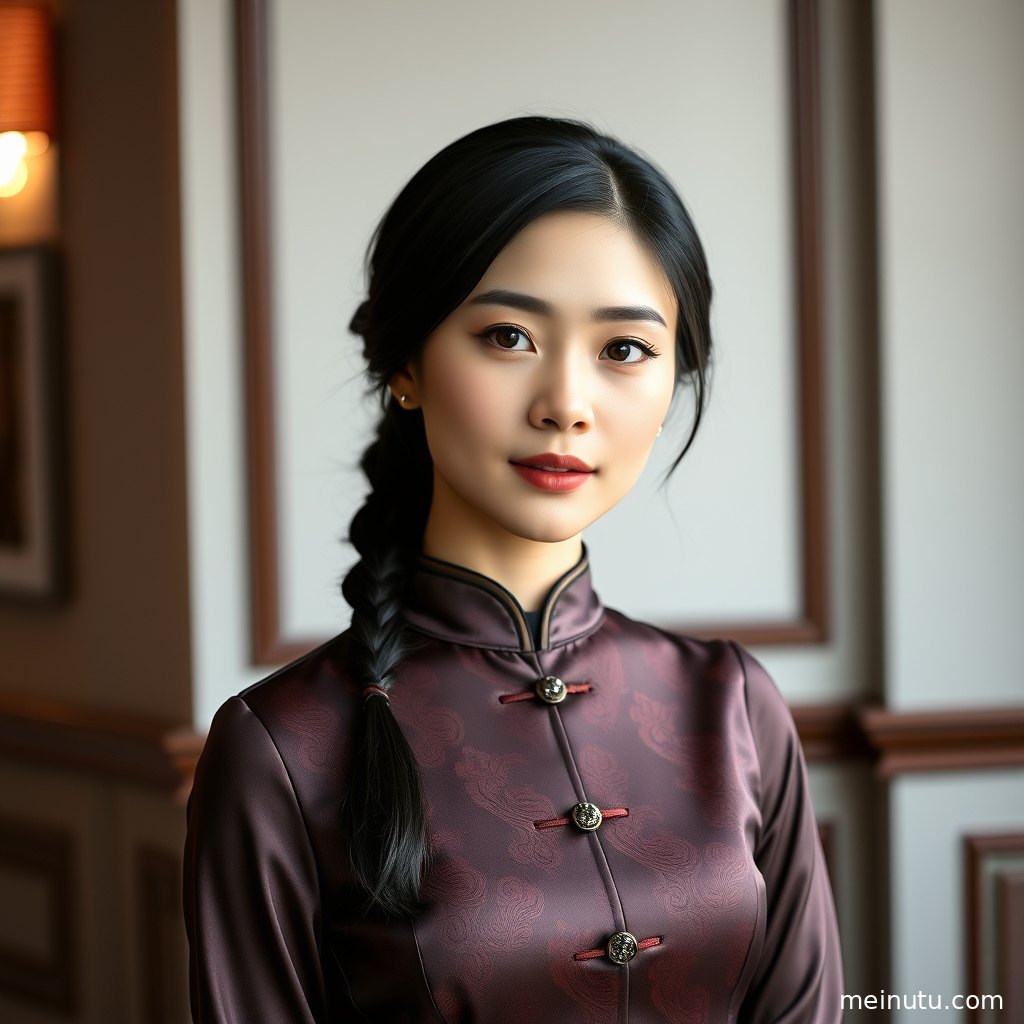 婚礼款旗袍写真采用低角度构图，展现刺绣面料与修长身形线条。