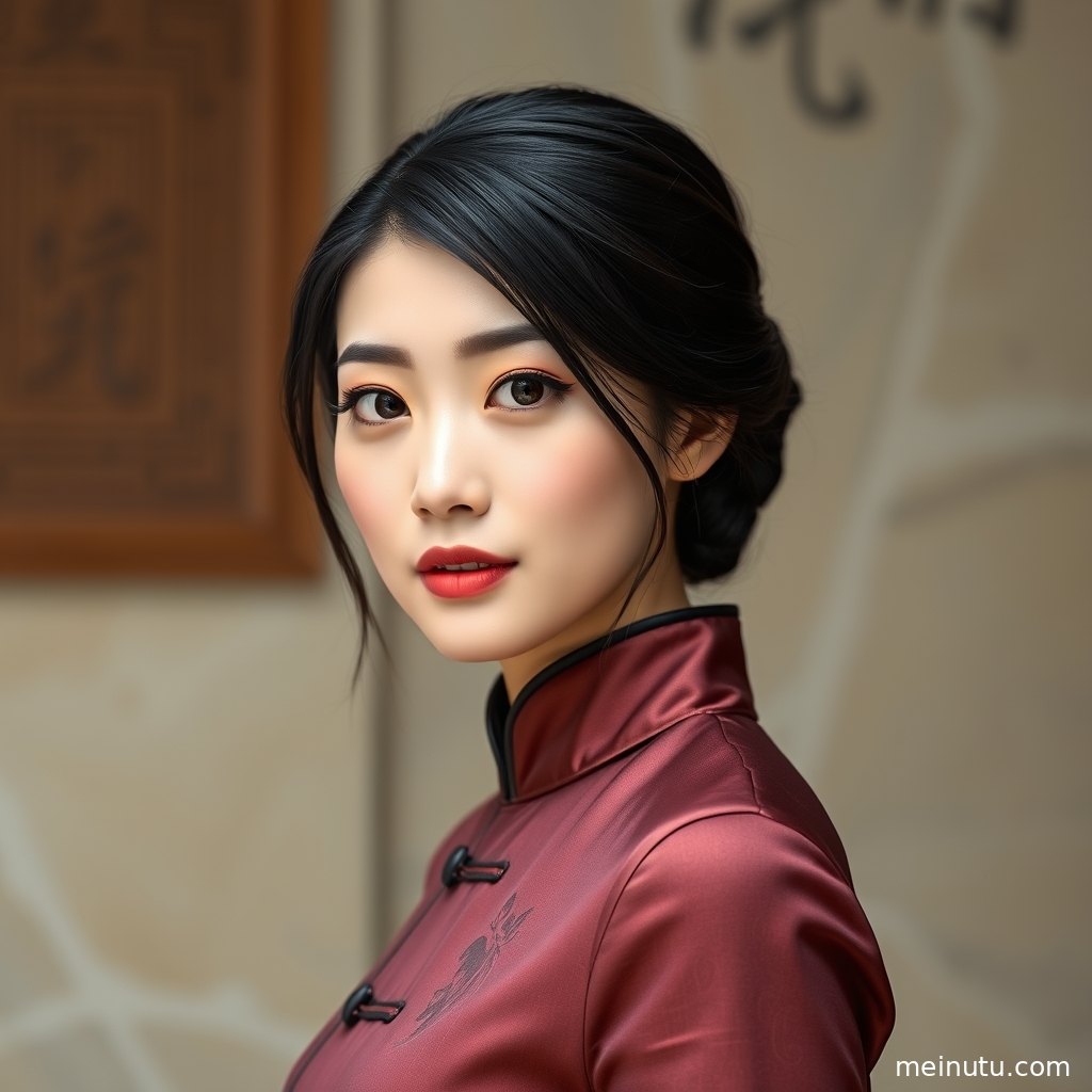 复古走廊里的旗袍美女图片，木质空间与柔光营造典雅氛围。