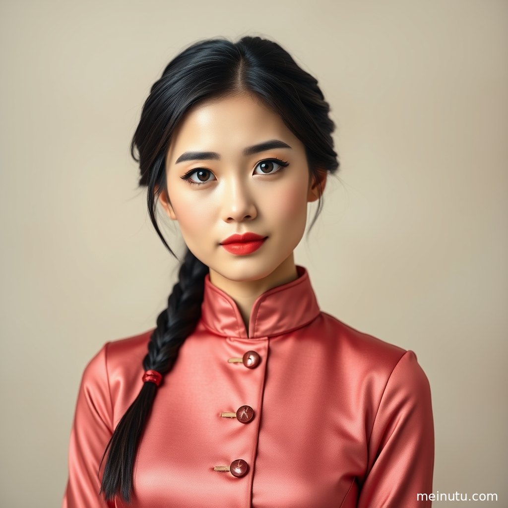 年轻成年女性穿中式结婚礼服旗袍倚靠门边，画面清晰细腻富有仪式感。