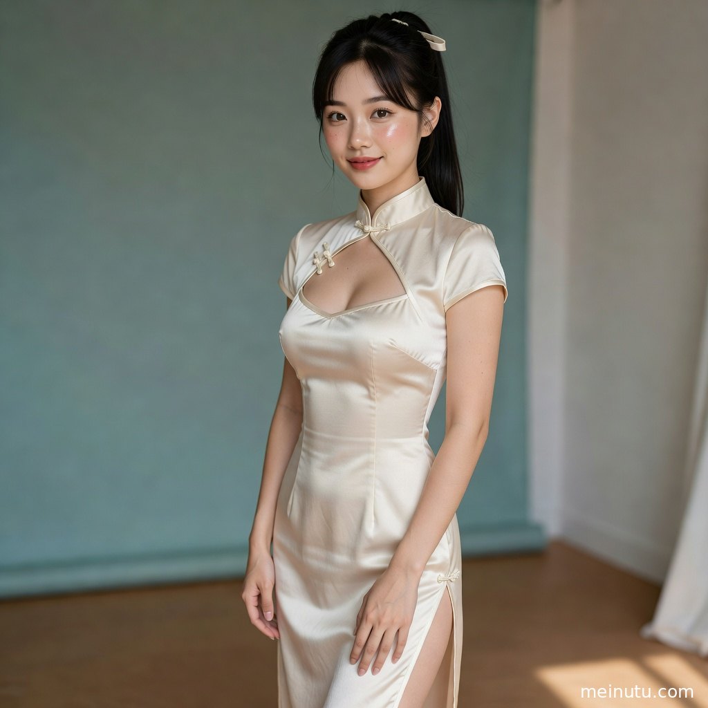 亚洲女性酒红色旗袍写真，复古走廊光影衬托优雅气质。