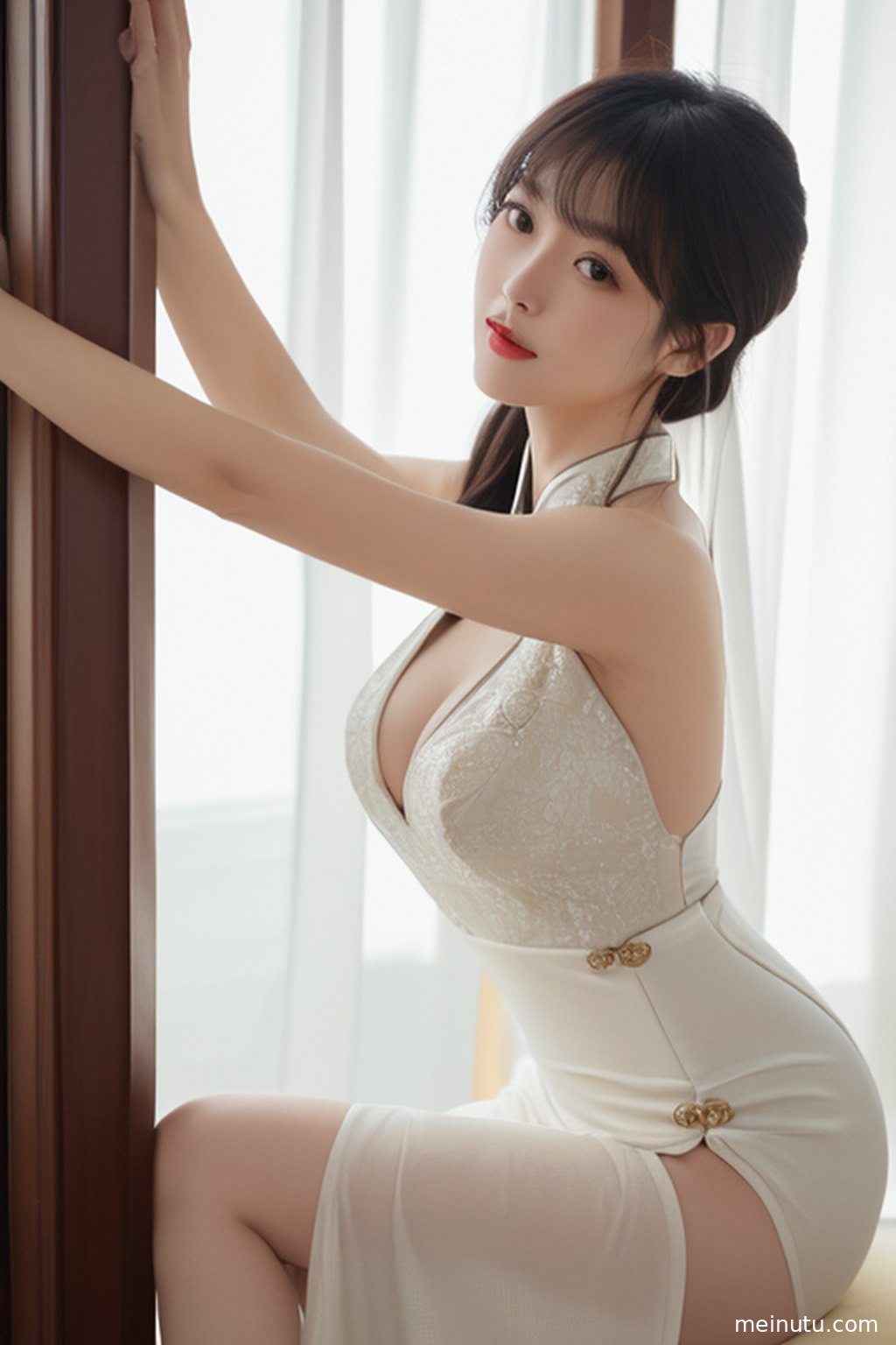 Natural light outlines the soft silhouette of a modern cheongsam dress worn by an adult Asian woman in a pure studio space.