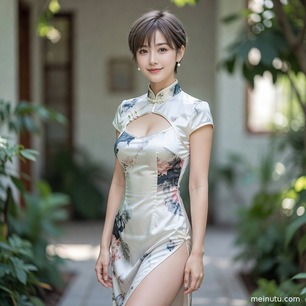 年轻成年女性穿修身旗袍端坐于雅致室内，画面明亮干净适合作为人像壁纸。