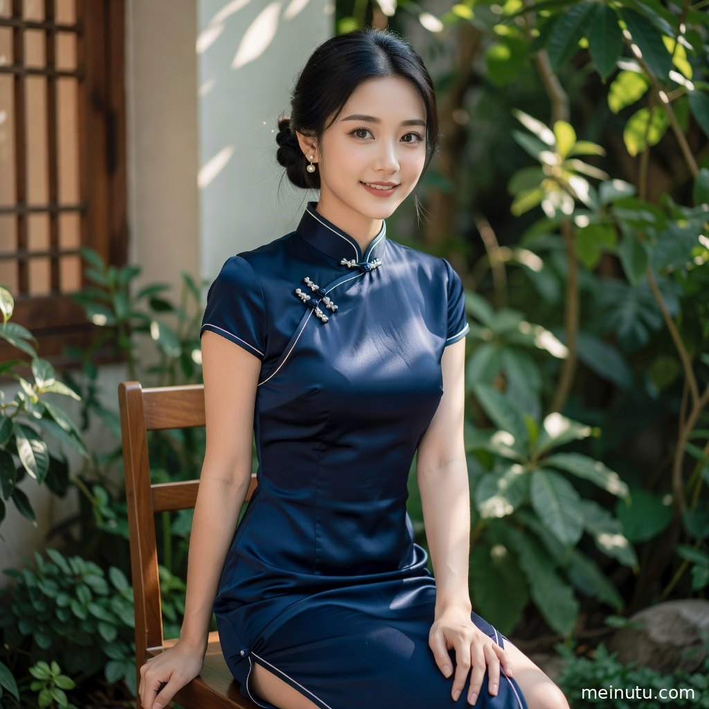 低角度拍摄的棉麻改良旗袍造型，花影与绿植衬托旗袍美女气质。