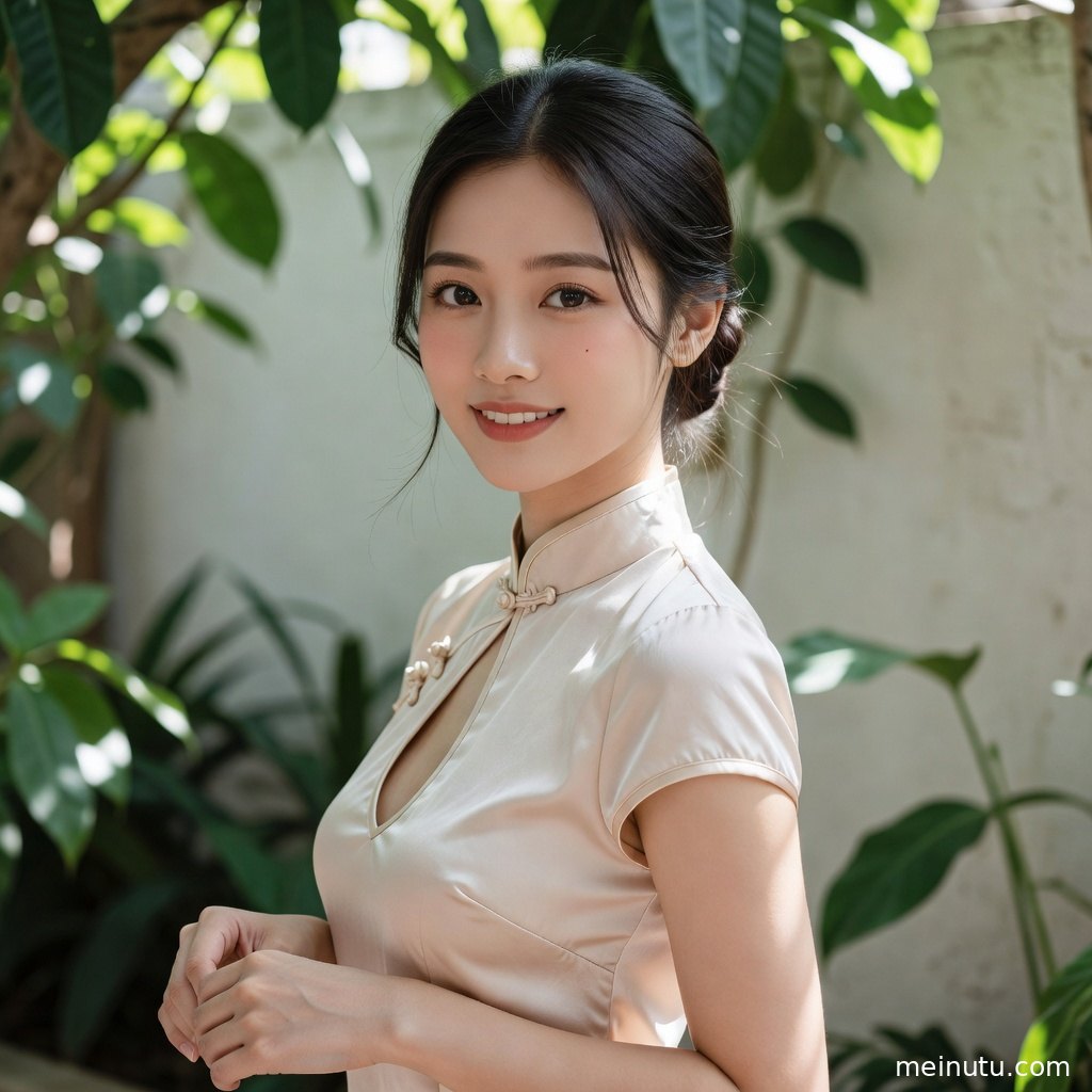 花园暖光中的改良旗袍写真，亚麻质感与自然背景呈现温柔东方风。