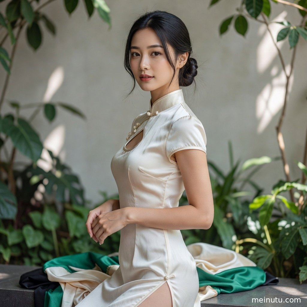 年轻成年女性侧身展示棉麻改良旗袍线条，柔和逆光营造静谧氛围。