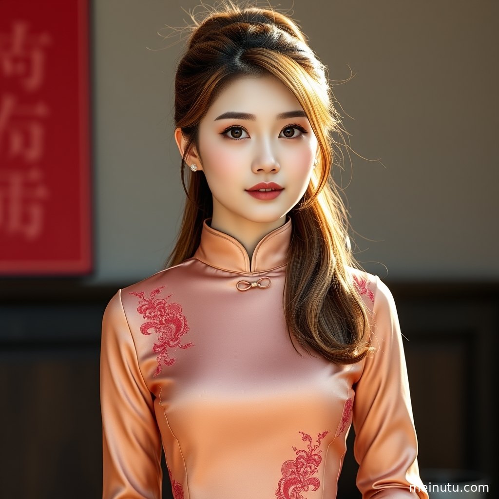 年轻成年女性身穿民国风旗袍站在老街墙边，暖色侧光勾勒复古街拍氛围。