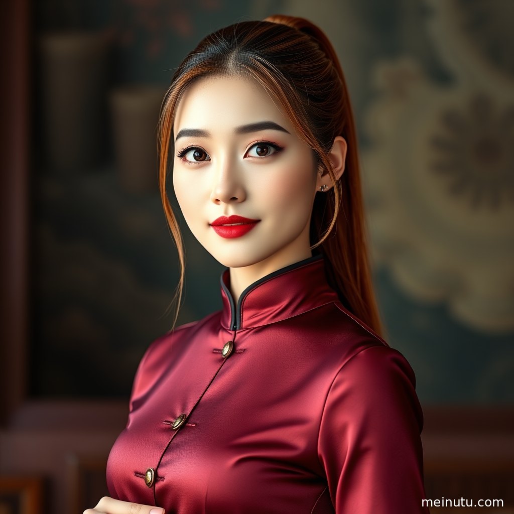 旗袍街拍特写突出盘扣、开衩裙摆与柔和光影，呈现东方复古人像美感。