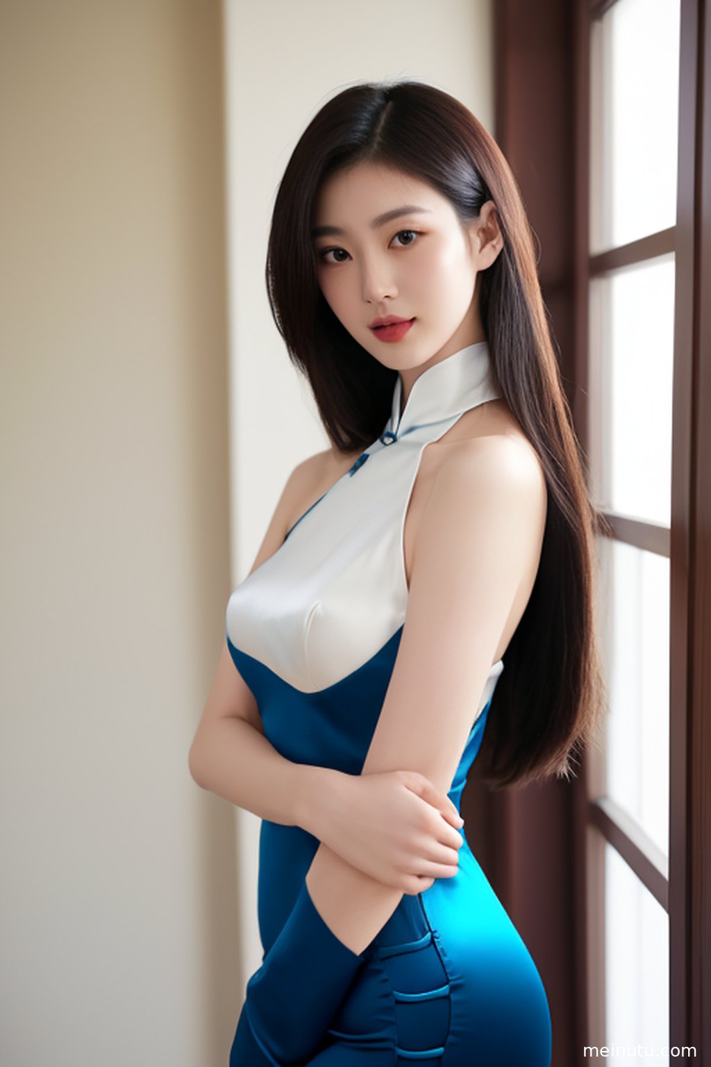 Sea breeze shapes the elegant qipao silhouette on an adult woman, with sparkling ocean water and soft coastal light behind her.