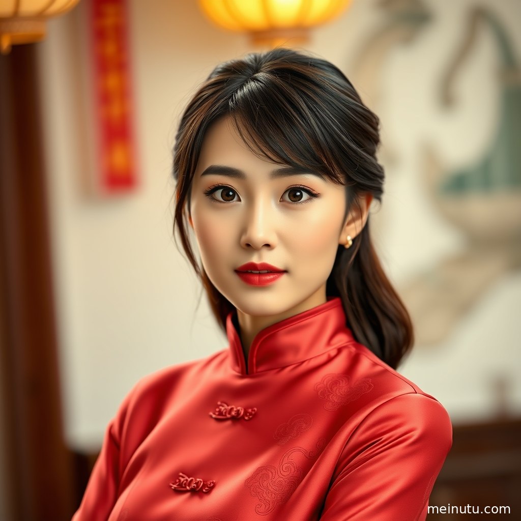 窗边低角度拍摄的旗袍美女图片，复古发型与柔和光影营造怀旧氛围。