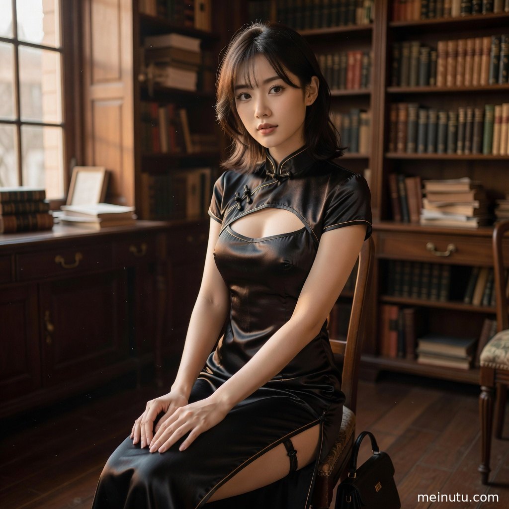 自然光洒入室内，年轻成年女性穿旗袍静坐窗边，画面适合作为写真壁纸。