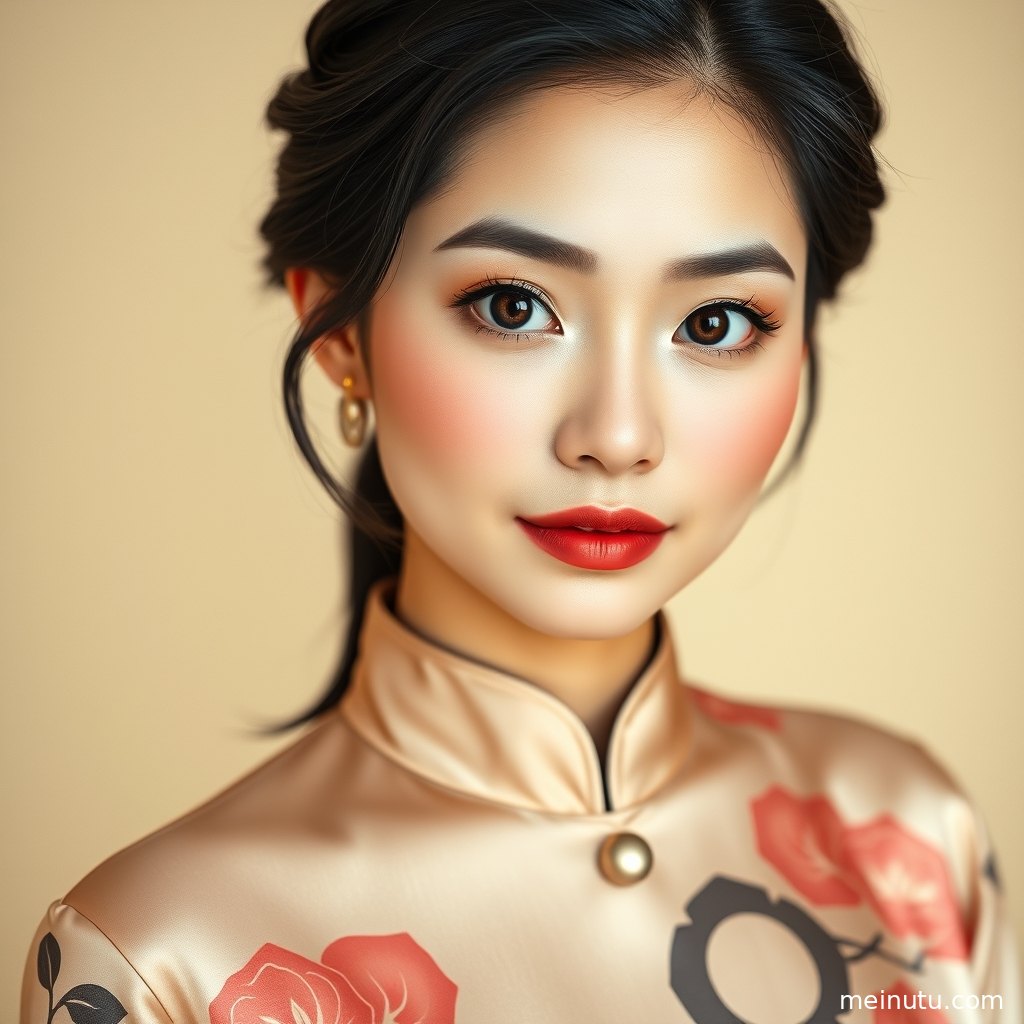年轻成年女性身穿民国旗袍站在复古走廊中，阴天漫射光勾勒立领与盘扣细节。