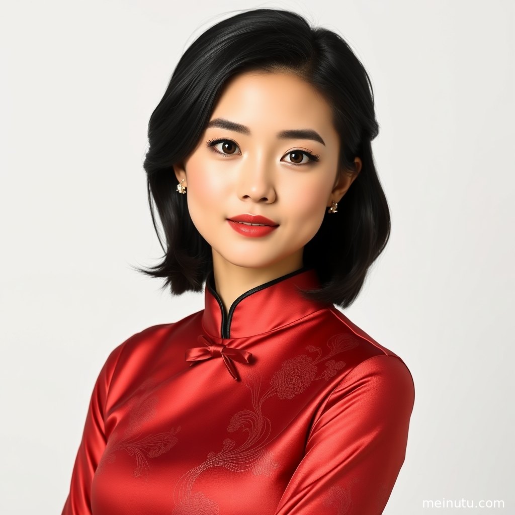 旗袍美女近景侧身倚靠旧式门框，柔和灰调突出民国旗袍的修身线条。