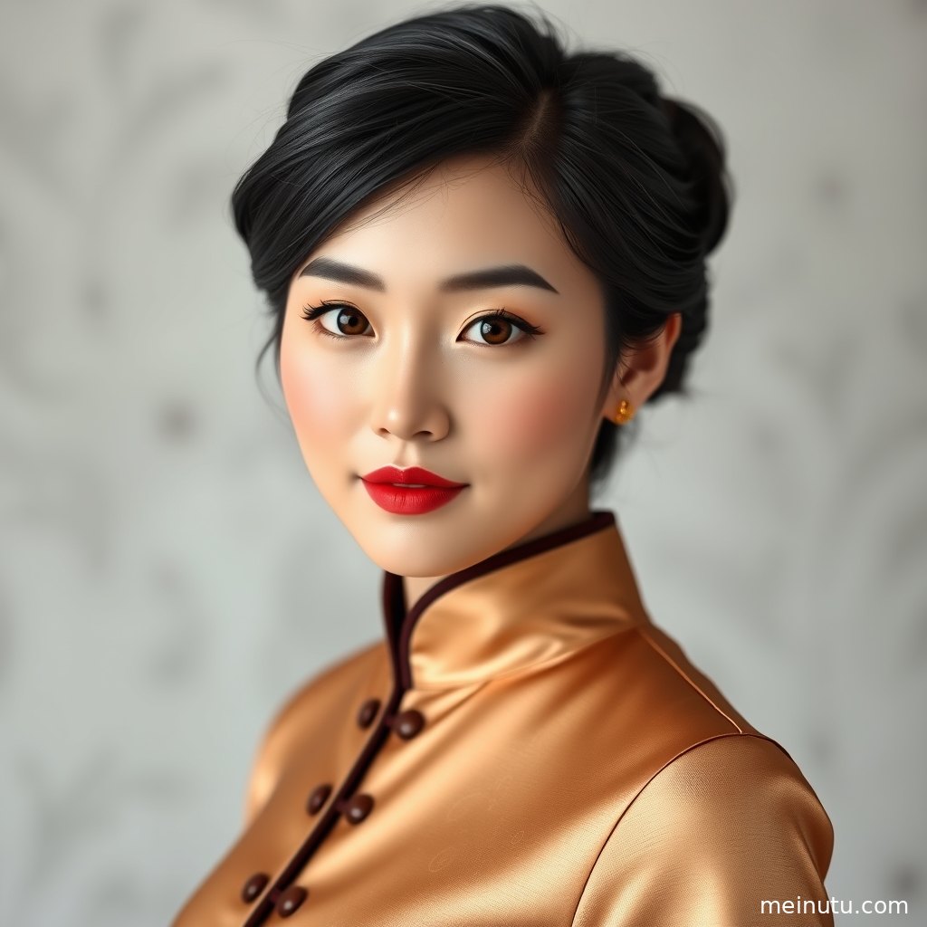 复古走廊里的成年女性旗袍写真，镜头聚焦袖口、花纹面料与温婉神情。