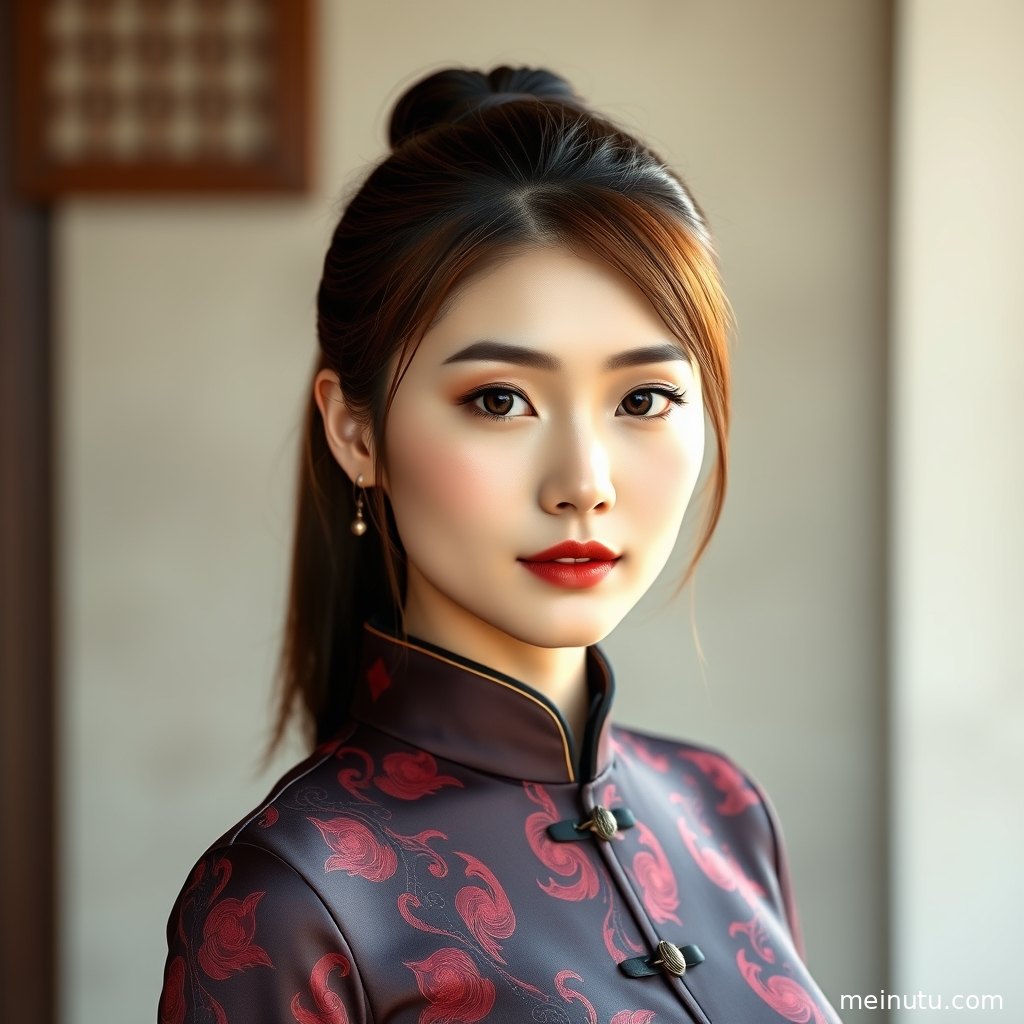 民国旗袍美女近景写真，阴天室内光线映出丝缎面料与温婉神情。