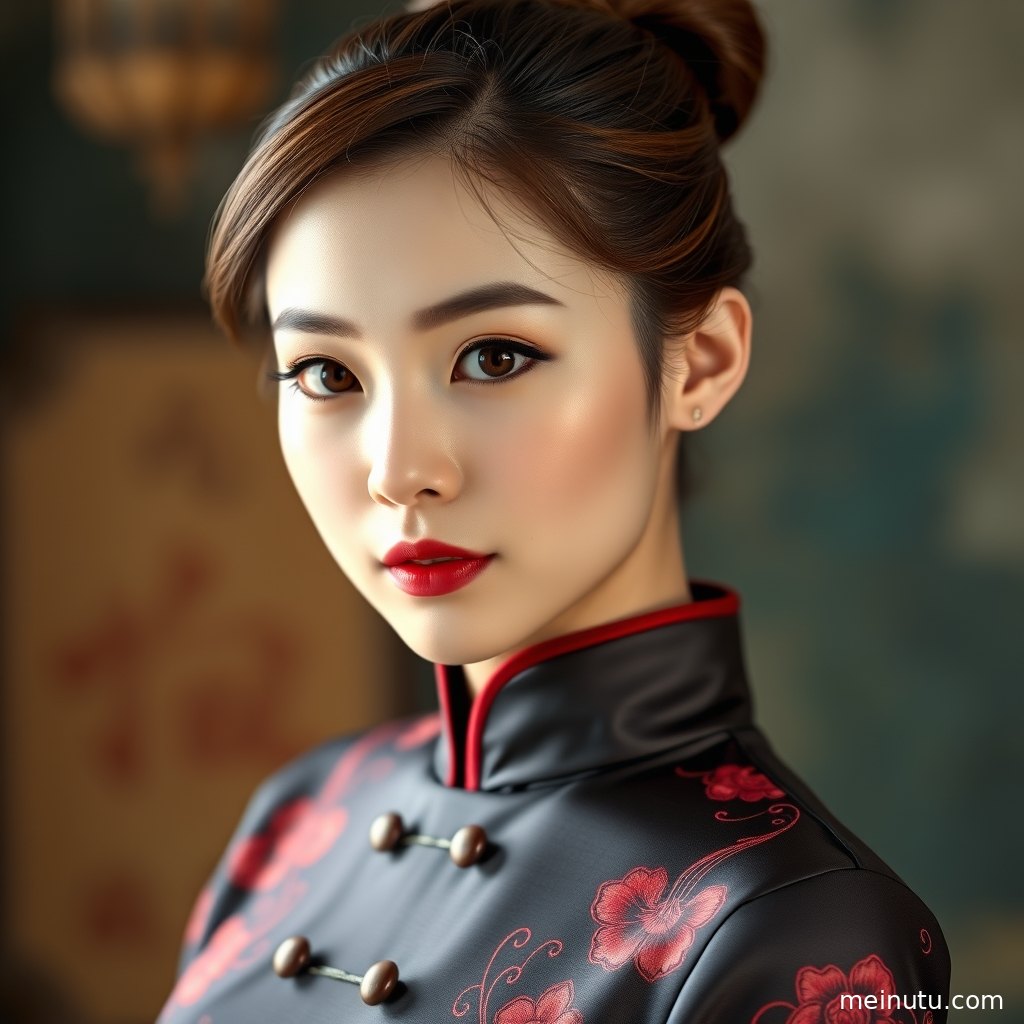 旗袍美女图片近景细节，柔光下展现开衩剪裁、发饰与精致妆容。