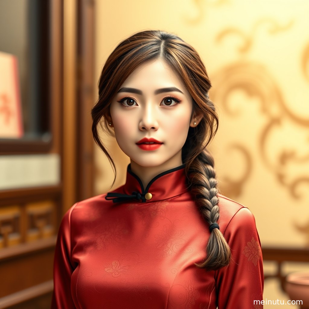 名兰世家旗袍婚宴礼服写真，成年女性侧身展示修身剪裁与典雅刺绣，背景为暖调复古走廊。