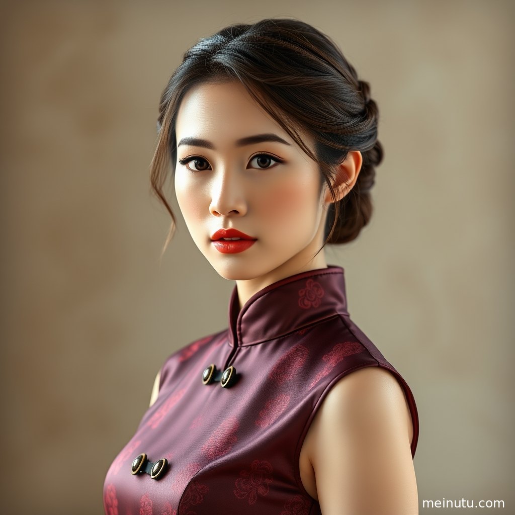 旗袍美女图片以柔和逆光勾勒礼服轮廓，年轻成年女性在长廊中呈现端庄东方气质。