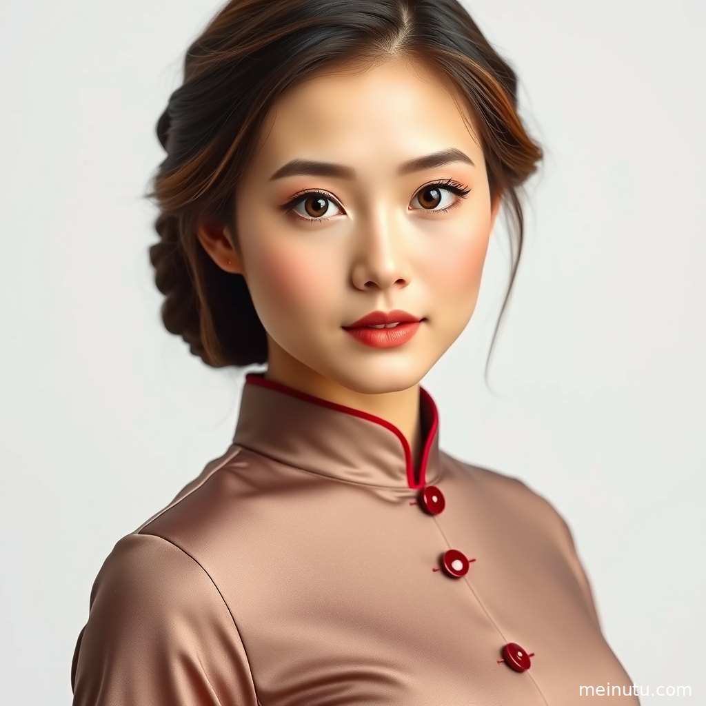 民国旗袍风格婚宴礼服全身图，成年女性立于复古走廊，画面细腻清透适合作壁纸。