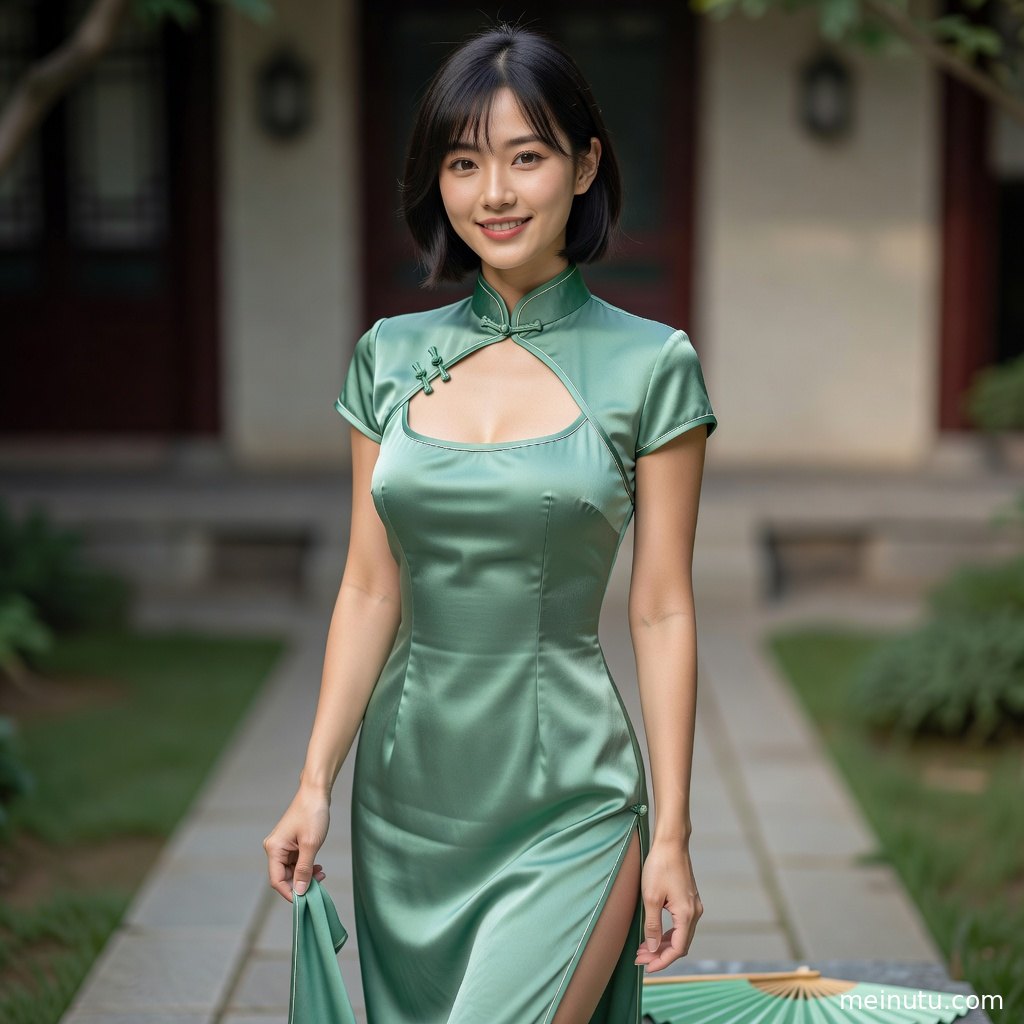 复古盘发的成年女性身着修身旗袍，背景庭院虚化，氛围温婉雅致。