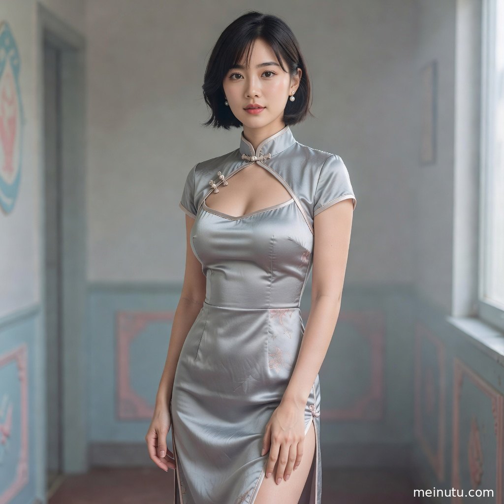花园清透高光下的旗袍半身写真，成年女性侧身凝望，展现东方韵味。