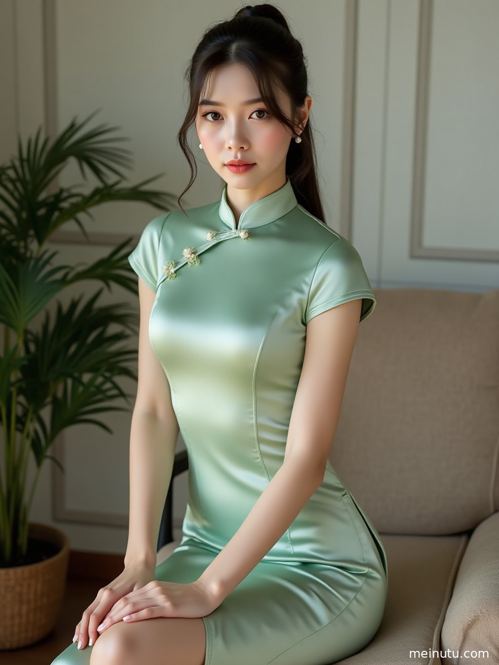 Low-angle qipao photoshoot of an asian model with ocean scenery and glowing sunset light.