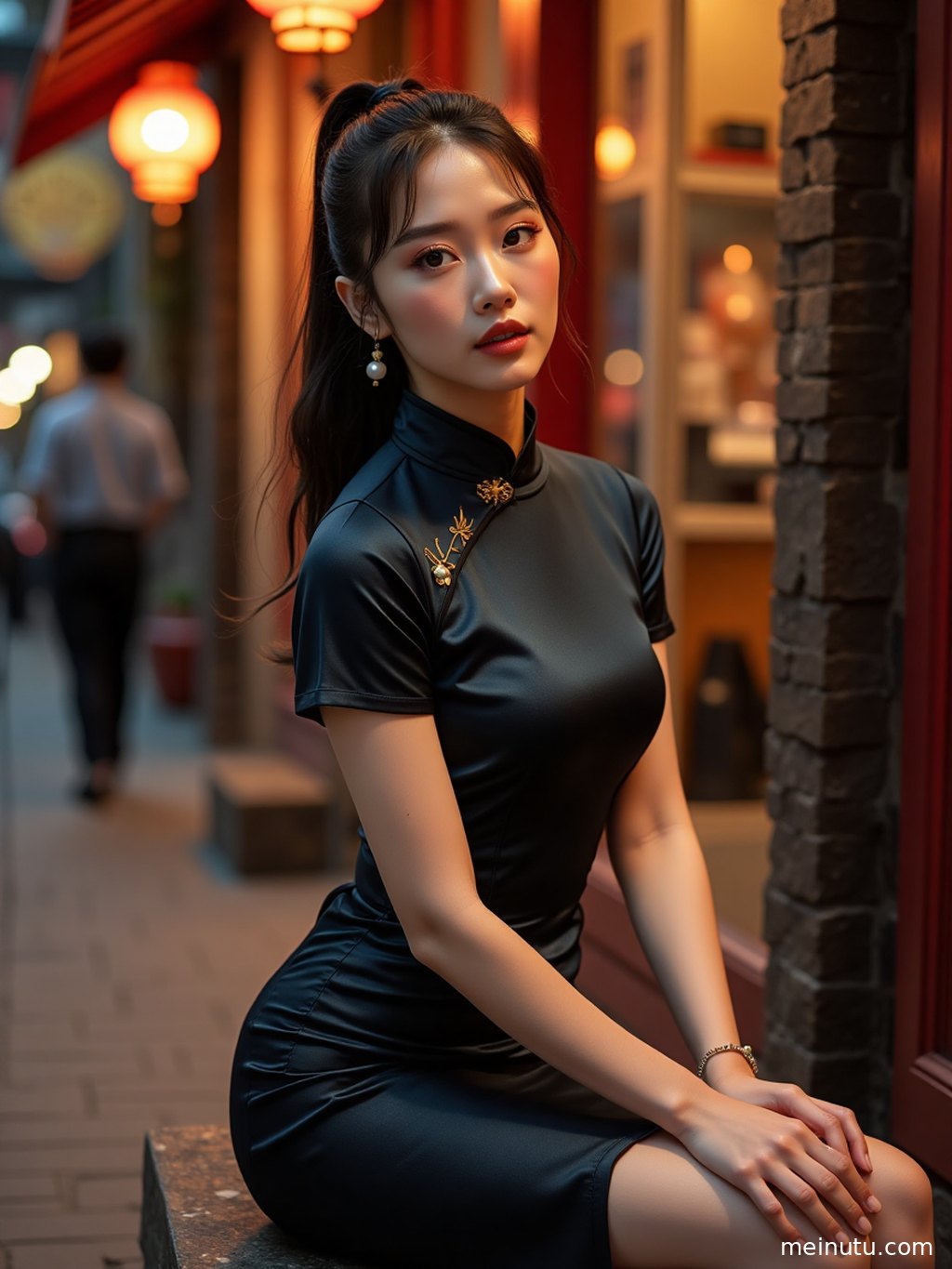 High-resolution seaside portrait wallpaper featuring an adult asian woman in an elegant qipao cheongsam dress.