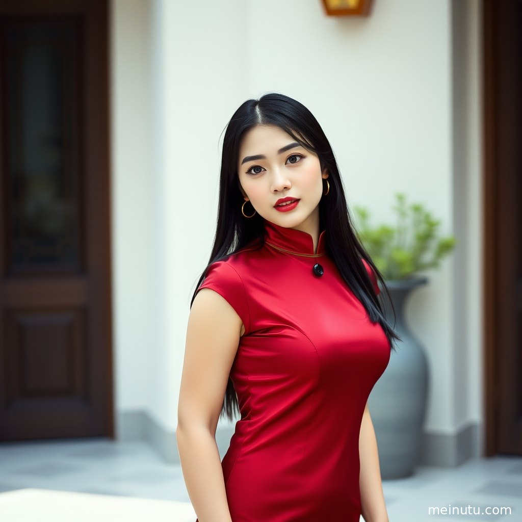 Adult Asian woman in a modern qipao cheongsam dress posing in soft cloudy dusk light with a full-body composition.