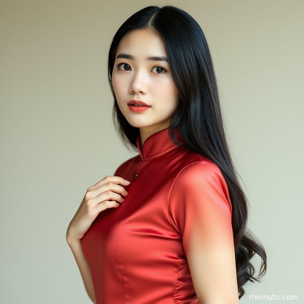 Refined details of a modern cheongsam dress captured in gentle evening light, emphasizing elegant tailoring and graceful posture.